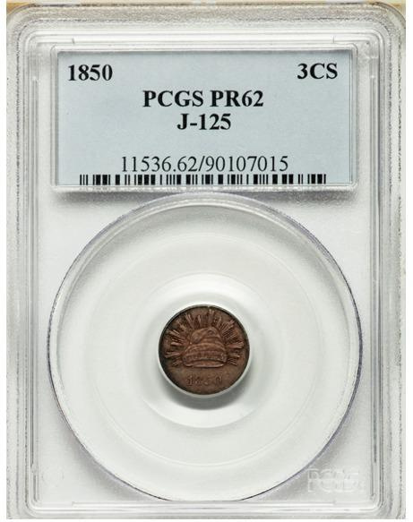 1850 Three Cent Silver, PR62 Judd-125, Cap and Rays Design